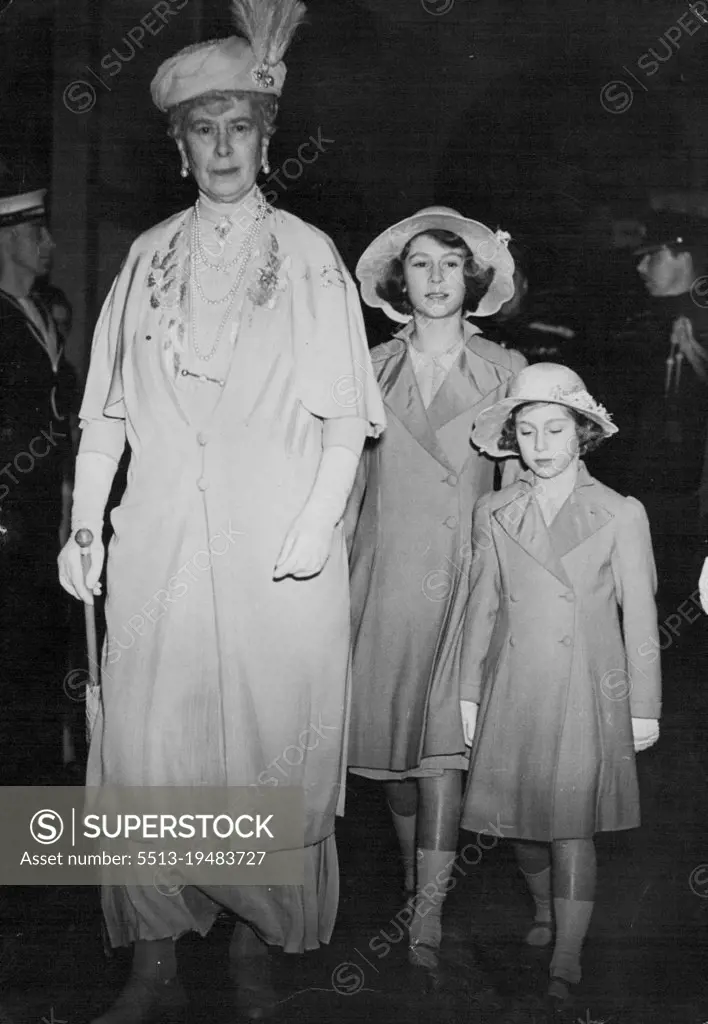 H.M. Queen Mary with Princess Elizabeth and Princess Margaret, attend the Royal Tournament At Olympia. H.M. Queen Mary arriving at the Tournament with the two Princess. May 22, 1939.