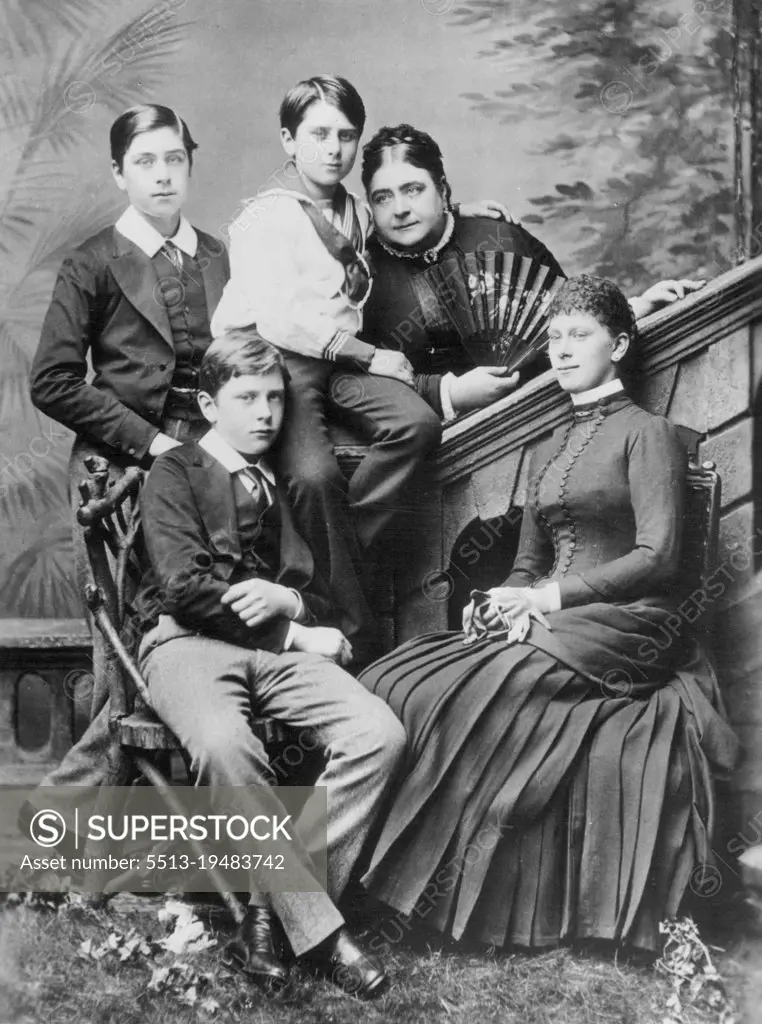 When Queen Mary Was Princess Victoria Mary -- A Picture made about 1885, showing the Princess Mary, Duchess of Teck, with her four Children. At the right, seated is Princess Victoria Mary, then Eighteen, who is now Queen Mary of England. The other children are the Late Marquis of Cambridge; the Late Princess Francis of Teck; and his Royal Highness, the Earl of Athlone. May 05, 1935. (Photo by International News Photo).
