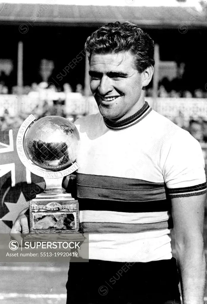 Cycling, The Champion of Champions:
Sid Patterson, Australian World Amateur Sprint Champion, with his Trophy after winning the Champion of Champions race at Herne Hill track, London. April 7, 1950. (Photo by Sport & General Press Agency, Limited).