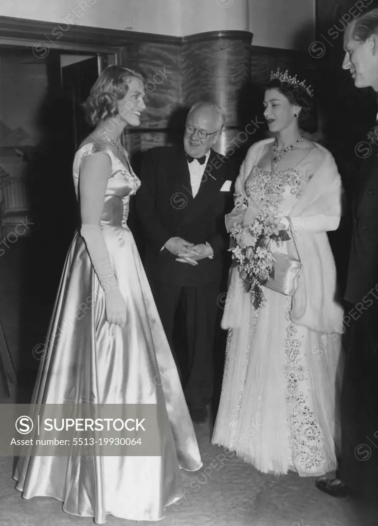 Joan Regan, British singing star, meets the Queen and Duke of Edinburgh. April 15, 1955. (Photo by Daily Express Picture).