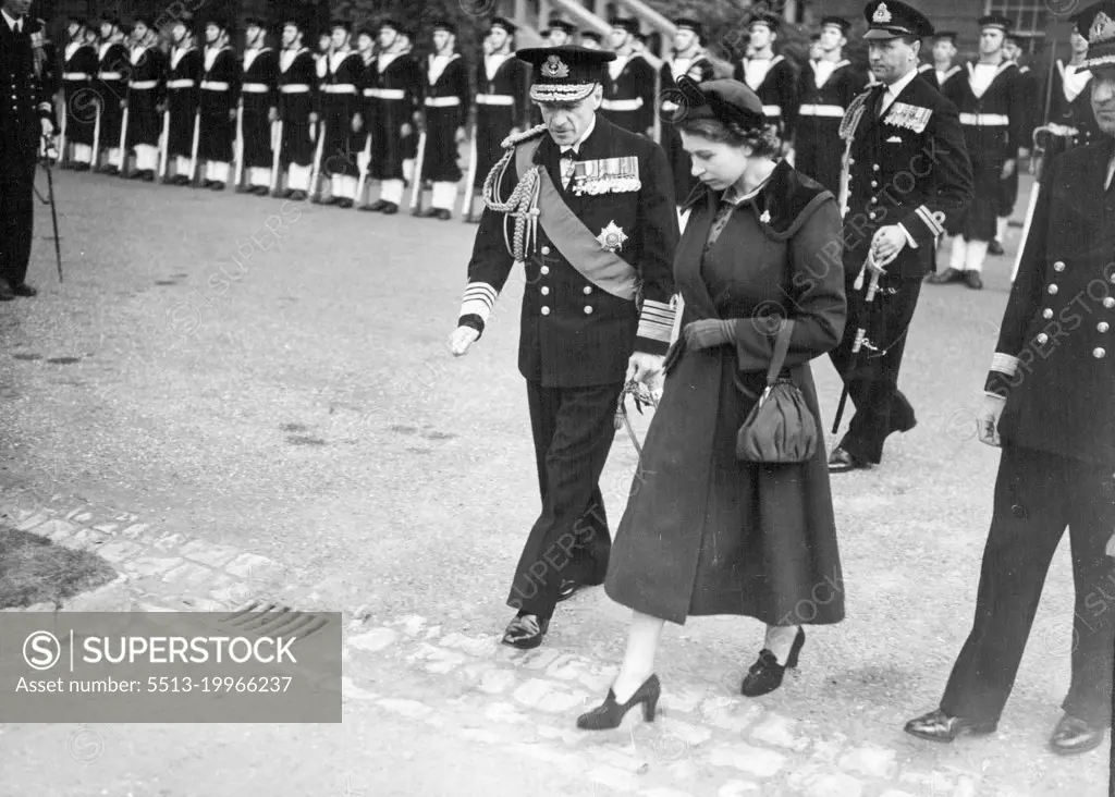 Princess Elizabeth Unveils Naval was memorial 10, stained glass windows at St. Georges Church Chatham.
The Princes after the inspection of the guard, with Admiral Sir Henry Moore. October 29, 1950. (Photo by Daily Mail Contract Picture).