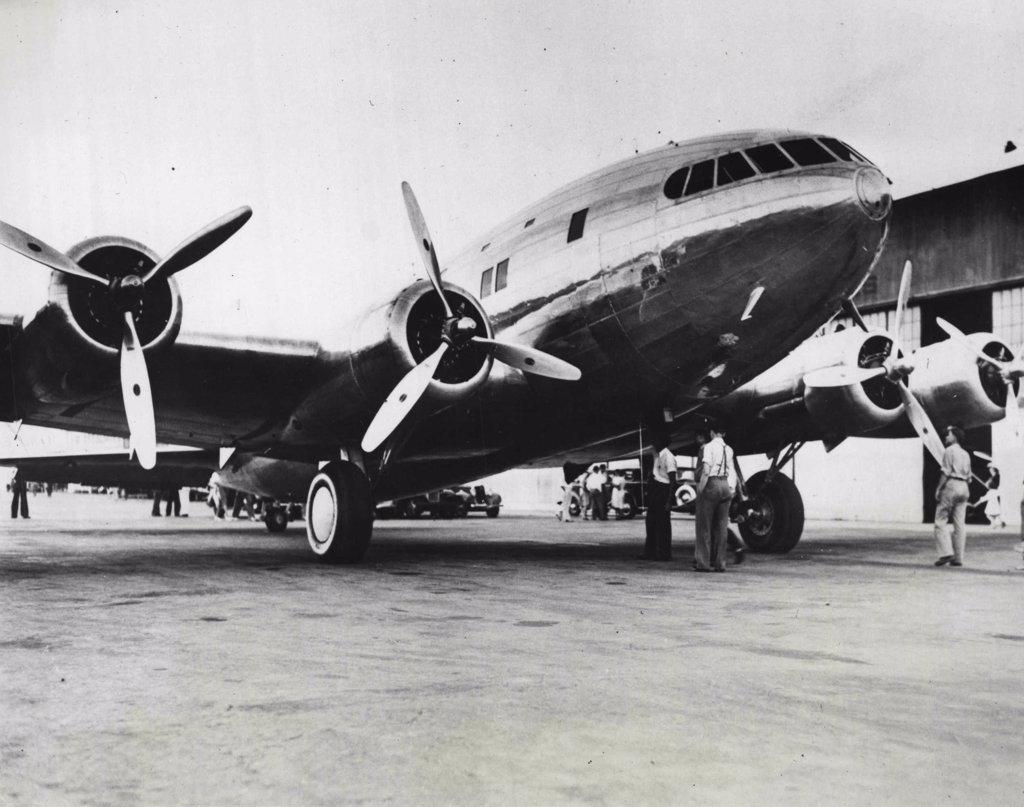 For Substratosphere Flights - The huge $300, 000 Boeings Stratoliner pictured recently after it landed at the grand central air terminal here after a flight from its home base in Seattle, Washington. The plane was flown by Howard Hughes, Noted sportsman and pilot, who will take it into the Substratosphere on several flights soon. July 17, 1939. (Photo by Wide World Photo).