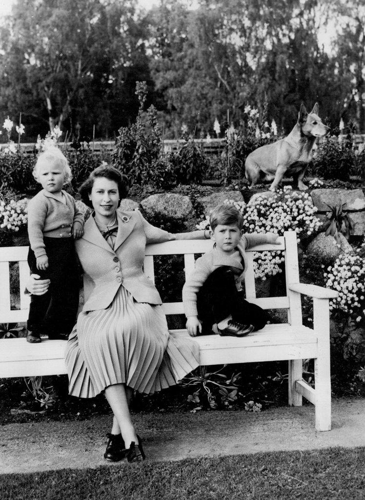 New Photograph of Her Majesty The Queen, Prince Charles And Princess Anne, Have been released for General publication on 1st May; 1956.
A happy informal group of the Queen, Prince Charles and Princess Anne in the grounds of Balmoral. The Queen's corgi, Sue, can be seen in the background. May 3, 1953. (Photo by Camera Press Ltd.)