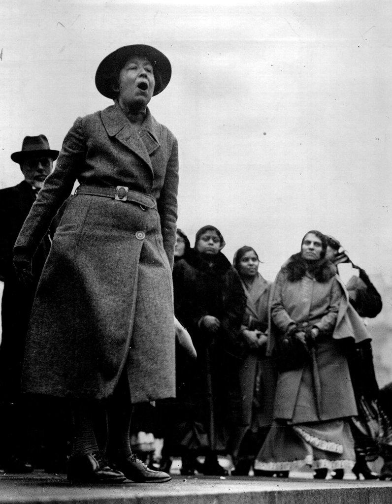 Pankhurst Speaks
From The Plinth of the Nelson Column, Miss Sylvia Pankhurst protested against the British policy in India, when the Friends of India Society held a mass demonstration in Trafalgar Square. February 26, 1932. (Photo by The Associated Press of Great Britain Ltd.).