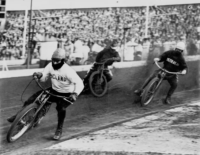Australia Wins 97th. Speedway Test: Eric French (England), winner of Heat 2, leading Graham Warren (Australia) and Ken Le Breton (Australia). Before a crowd of 52,731 Australia beat England by 60 points to 47 at West Ham Stadium, London, last night in the 97th. Speedway Test. Two Second Division riders from Scottish clubs -- Ken Le Breton (Ashfield, Glasgow and Jack Young (Edinburgh) helped them to win. After five heats Australia were seven points down; than Young, brought in as a substitute for