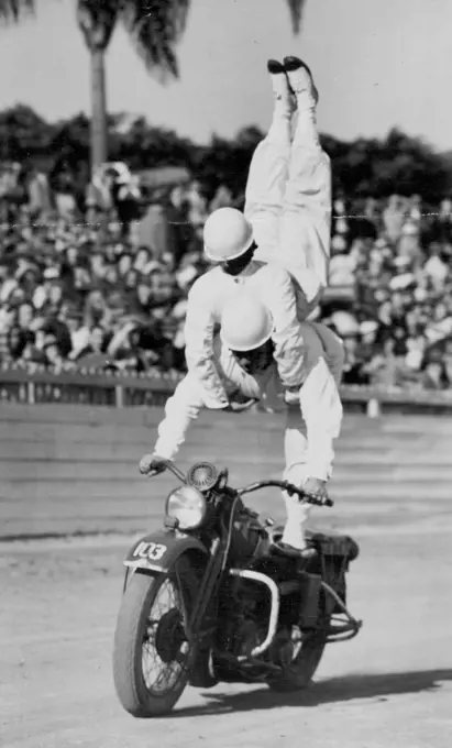***** motor cycle display by members of the Army Technical ***** Ingleburn, N. S. W. at the Brisbane exhibition today. August 07, 1950. (Photo by The Courier-Mail).