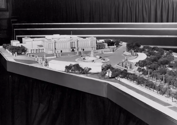 Models of The Coronation Route on View. Model of a general view of Buckingham Palace, showing the Stands erected. The Mall is on the right. A Conference was held this morning at Church House Assembly Hall, Westminster, when the Minister of Works, the Rt. Hon. David Eccles, M.P., gave details of the scheme for decoration of the Coronation route, for which the Ministry of Works is responsible. A number of models and drawing were on view. February 17, 1953. (Photo by Fox Photos).