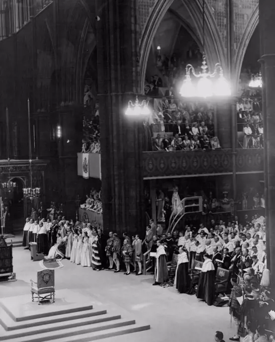 The Coronation Service -- Queen Elizabeth II was crowned in Westminster Abbey to-day. Inside the Abbey - The Crowning. June 02, 1953. (Photo by Associated Newspapers).