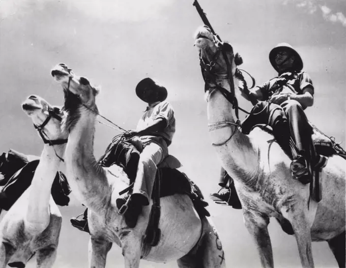 Current Picture in South Africa (Eighth of Nine) - The Canadian Northwest Mounted Police have their horses, and the South African mounted police have their camels so that they can patrol the Kalahari Desert Region. A typical unit is this one made up of a white officer, a native constable and a pack camel. Note that only the white man carries a gun. Even during the war, the natives in the army did not carry firearms. Their duties were limited to non-combatant varieties. January 14, 1955. (Photo by United Press).