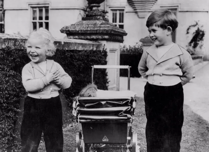 Prince Charles And Princess Anne - Birthday Picture -- A new picture of Princess Charles - he's four today - with his two-year-old sister Princess Anne in the grounds of Balmoral. November 14, 1952. (Photo by Planet News Ltd.)