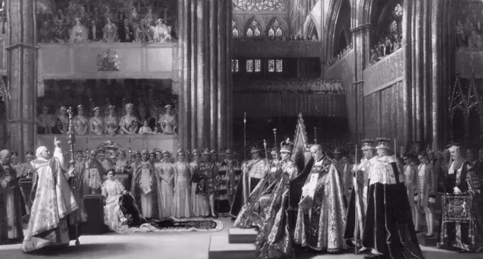 Dominion's Coronation Picture Gift To King: The painting "The Coronation of their Majesties King George and Queen Elizabeth, May 12th, 1937". Mr. Frank O. Salisbury's painting, "The Coronation of their Majesties King George and Queen Elizabeth, May 12th, 1937" will be presented to the King at Buckingham Palace to-day as a token of loyalty and affection by the four Dominions, Canada, Australia, New Zealand and the Union of South Africa. The picture is 10½ feet high and 17 feet wide when in its frame, which bears the Dominions Arms in its corners and is surmounted by the Royal Arms. March 25, 1938. (Photo by Topical Press)