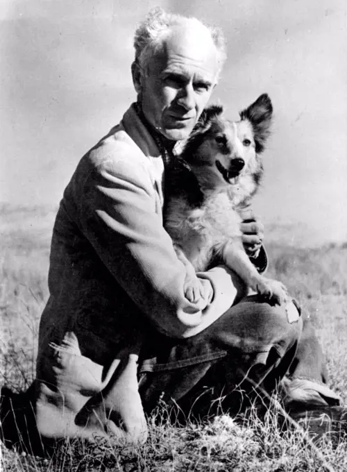 Ernie Pyle And His Dog -- Ernie Pyle and his Shetland Sheep dog Cheetah Sun Themselves on the Mesa outside his home in Albuquerque, N.M. after the Noted Correspondent and Author returned from the European Theater of Operations. Pyle was reported April 18 to have been Killed in on Ie Jima, Northwest of Okinawa, by a Japanese Machine gun gullet. April 18, 1945. (Photo by Bob Landry, Associated Press Photo).