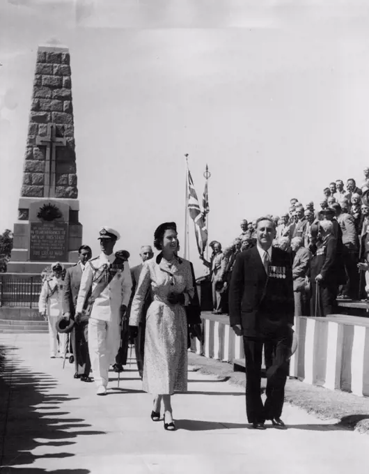Queen & Duke in Perth after laying a wreath on State Memorial King's Park. W.A. May 11, 1954.