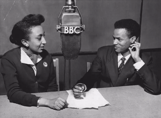 In the BBC studio are Miss Amsale-Mariam Tadesse and Mr. Worku Habte-World. The British Broadcasting Corporation's first broadcast in Amharic was made recently when Miss Amsale - Mariam Tadesse, a young Ethiopian student at London University, broadcast a report on the Emperor's three day State Visit to London. January 01, 1954. 