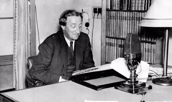 A.P. Herbert Explains His Divorce Act.
Mr. A.P. Herbert During his broadcasting this evening.
Mr. A.P. Herbert this evening broadcasting ***** Regional programme, when he explained his ***** act to listeners.  October 18, 1937. (Photo by Keystone).