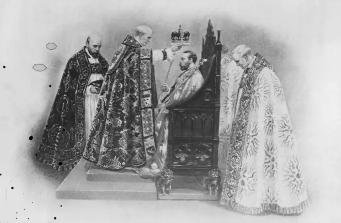 Coronation - The Crowning of the King George V by the Archbishop of  Canterbury. The crown is handed to the Archbishop by the Dean of Westminster: by the throne stands the Bishop of Bath and Wells. June 15, 1948. (Photo by Dorien Leigh Ltd.).