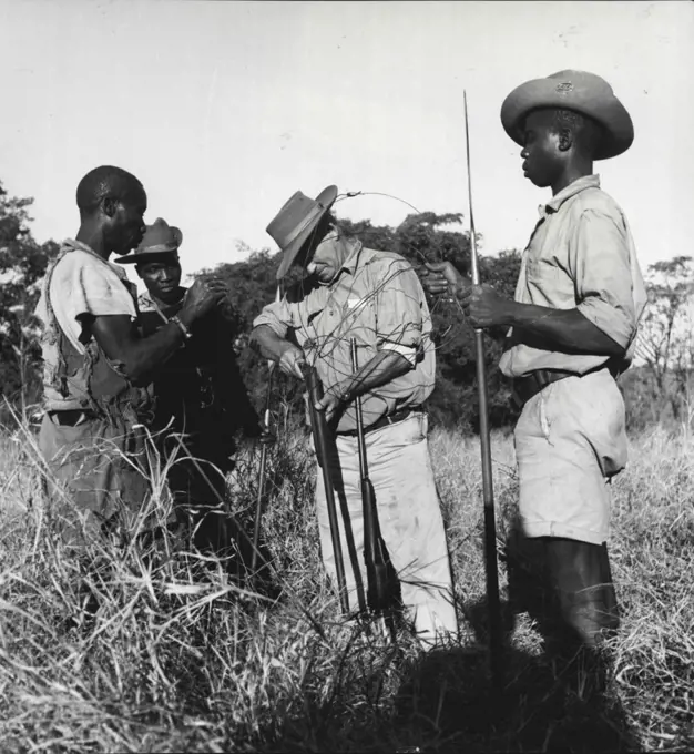 Kruger Nat. Park
Further along the river bank a native was spotted lurking in the bush and given chase. He ran through the bush still carrying his gun and snares until overpowered and handcuffed. Then the poscher is taken over to MacDonald who makes his admit that the gun and the snares are his own. November 25, 1948. (Photo by George Rodger, Magnum).