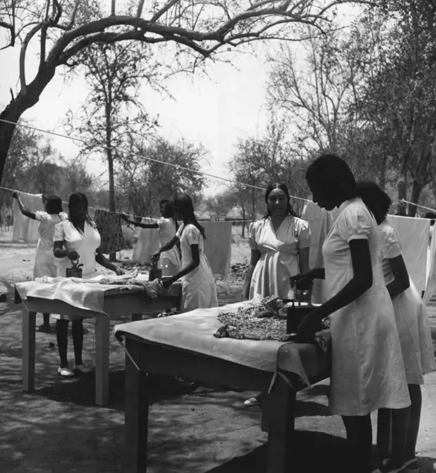 Sudanese Girls Train To Be Teachers.
They Learn In Grass Hut Classrooms Until New College Is Ready.
Until the Training Centre building is completed the girl students make do under the trees, ironing their clothes. Clothes are supplied free to the girls and they receive 20 piastres (about 2/6d) pocket money a month. May 14, 1953. (Photo by Central Office Of Information).