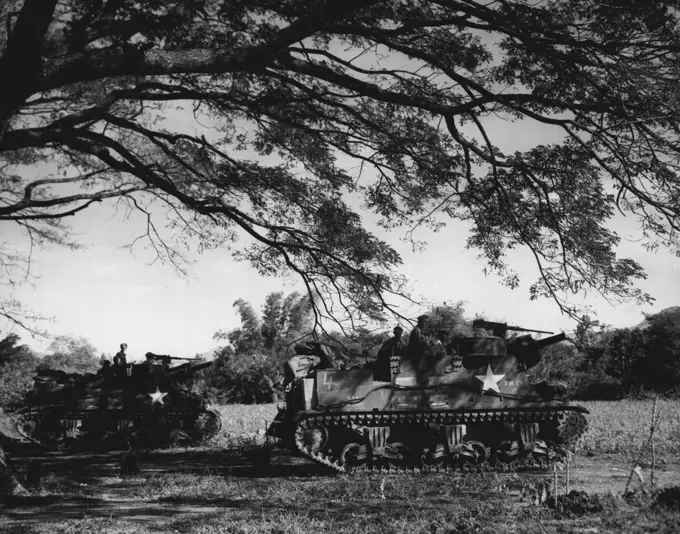 Covering Infantry Advance: Self-Propelled 105mm howitzers, camouflaged by spreading branches, ready to support infantry troops advancing through Southern Luzon. March 5, 1945. (Photo by USA Signal Corps).