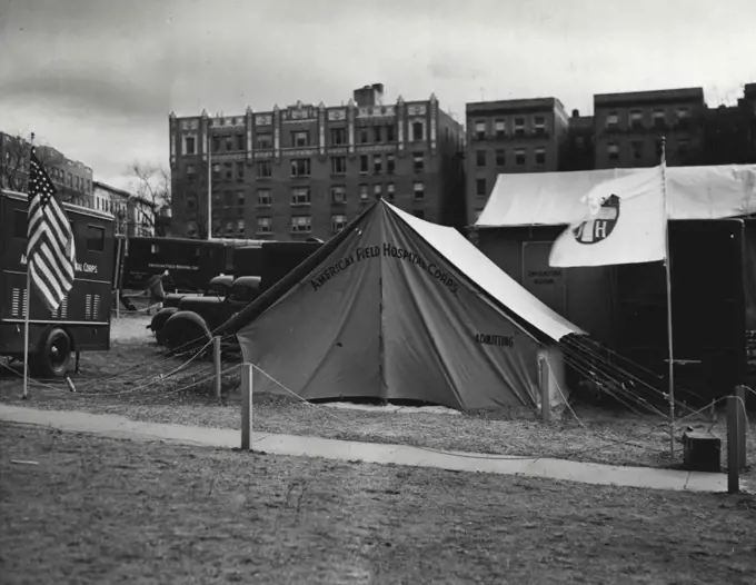 Field Hospital To Be Sent To England -- The admission tent and operation unit, two of the 41 separate units composing the hospital.
The American field hospital crops mobile field hospital, the largest and most complete hospital for civilian formally turned over to Great Britain on Nov. 8th, is no display at the Presbyterian hospital grounds, New York City. March 5, 1941. (Photo by ACME).