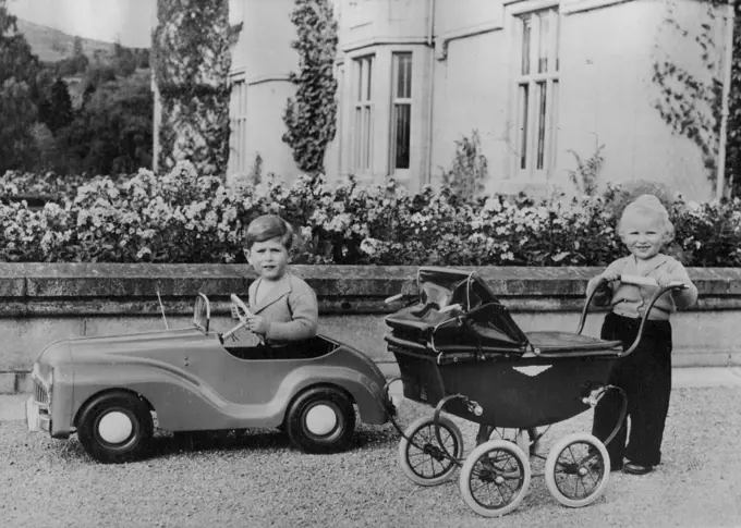 The Royal Children At Balmoral -- A new photograph of Prince Charles and Princess Anne, showing the Royal children at play in the grounds of Balmoral Castle. May 03, 1953. (Photo by Fox Photos).