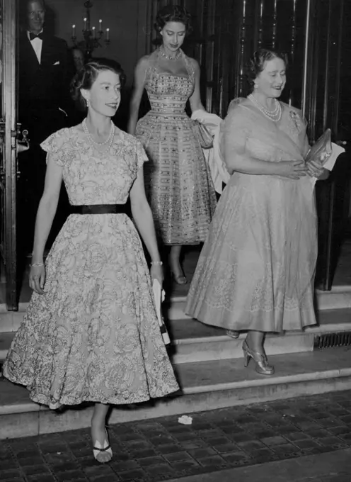 Queen Mother's Birthday Surprise -- A Royal Secret for the Queen Mother's birthday was this smiling theatre party. She and the Queen with Princess Margaret and the Duke Edinburgh saw "The Remarkable Mr. Pennypacker" - "such a lovely evening," said the Queen Mother.Fashionable observers noted the Queen's winged, open sandals in black and white leather with matching handbag. With a touch of carefree Italian summer they are among the gayest shoes the Queen had chosen this year. August 05, 1955. (Photo by Daily Express Picture).
