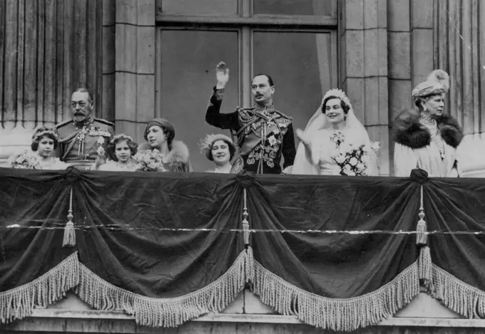 Presents of Exquisite jewelry given by the King and is the joint present of King and Queen. They comprise balcony of Buckingham palace. From left to right Princess Elizabeth ***** Wood, the Duchess of York, the Duke of Gloucester. November 22, 1935.