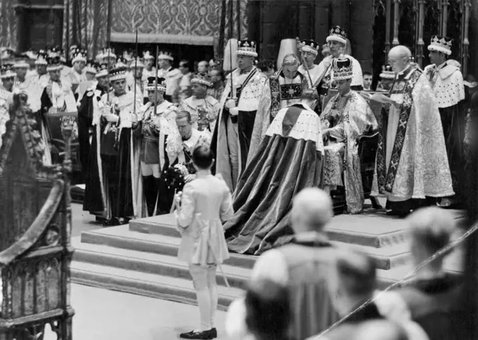 The Coronation of King George VI. 1937 -- The Homage to the King, Crowned and Inthronized; King George VI receives the homage of the Lords Spiritual and Temporal in Westminster Abbey. March 17, 1953. (Photo by Fox Photos).