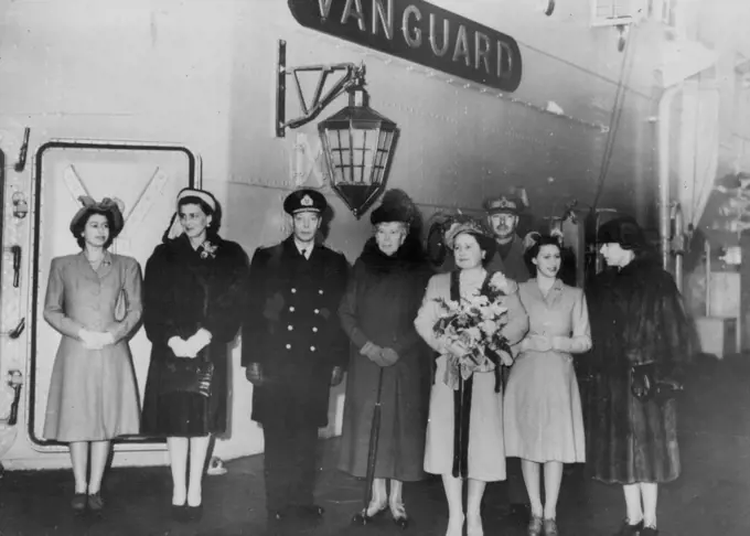 Royal Party Sail For South Africa In Battleship -- The King and Queen and the Princesses with other members of the Royal Family, who saw them off, at the entrance to the Royal apartments on the quarterdeck of H.M.S. Vanguard. Left to right - Princess Elizabeth; the Duchess of Kent; the King (in uniform of Admiral of the Fleet); Queen Mary, the King's mother; Queen Elizabeth; the Duke of Gloucester, the King's brother (behind) Princess Margaret and the Princess Royal (sister of the King).With other members of the Royal Family to see them off, King George and Queen Elizabeth and their daughters, Princess Elizabeth and Princess Margaret, boarded H.M.S. Vanguard (42,500 tons), Britain's most modern battleship, at portsmouth en route to South Africa. January 31, 1947.