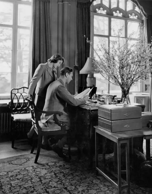 Royal Lodge Windsor April 11th 1942.King George VI & Queen Elizabeth at desk. June 16, 1953. (Photo by Camera Press Ltd.).
