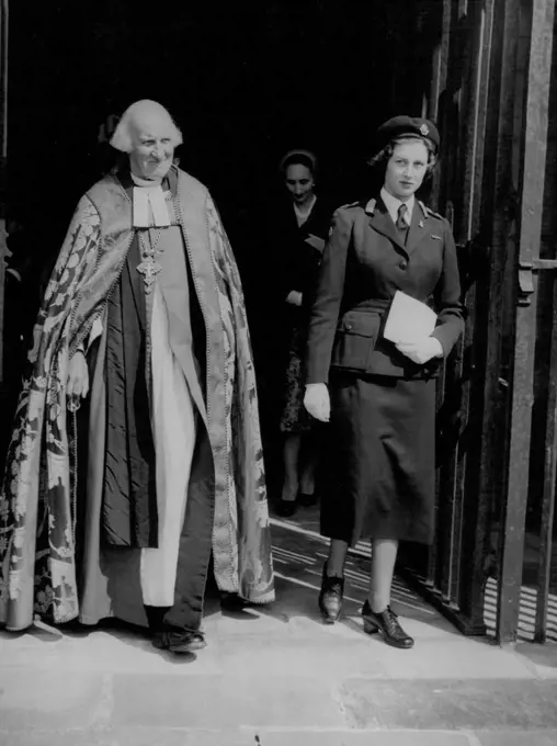 'Red Dean' Escorts Princess Alexandra - Princess Alexandra of Kent accompanied by Dr. Hewlett Johnson, Canterbury's 'red' Dean, as she leaves Canterbury Cathedral to-day (Wednesday) after attending a service for junior Red Cross cadets. The 18-year-old Princess, daughter of the Duchess of Kent, is in uniform as Patron of the British Junior Red Cross. June 1, 1955. (Photo by Reuterphoto).