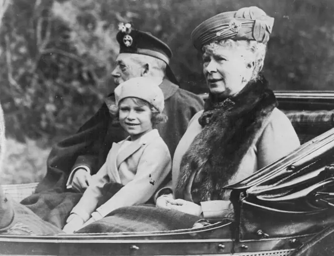 ***** Little Princess Elizabeth. ***** Princess Elizabeth who is with the ***** Balmoral, recently attended services ***** time at Crathie Church, year Balmoral, ***** Queen, Duke and Duchess of York. ***** and Queen and Princess Elizabeth ***** Crathie Church. December 09, 1932. (Photo by Wide World Photos).