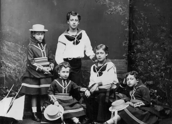 An interesting group taken in 1873, showing late Princes Royal late Duke of Clarence the King, Queen ***** of Norway (seated on left) and Princess Victoria. February 18, 1935.