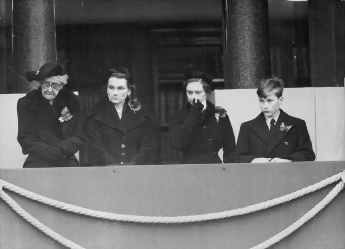 Remembrance Sunday In London -- Members of the Royal family watch from a balcony in Whithall the ceremony at the Cenotaph commemorating the dead of two world wars, today November 7. From left to right: HRH Princess Marie Louise, a grand daughter of Queen Victoria: The Duchess of Gloucester, Princess Margaret, and Prince William son of the Duke and Duchess of Gloucester. November 11, 1954. (Photo by Associated Press Photo).