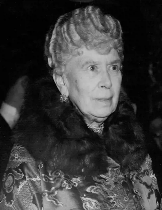 Queen Mary At Film Premiere -- H.M. Queen Mary a striking picture taken on her arrival at the Carlton Theatre tonight, Thursday. H.M. Queen Mary attended the first British showing of the Bing Crosby-Ingrid Bergman film, "The Bells of St. Mary's," at the Carlton Theatre, London, tonight (Thursday). Proceeds of the premiere are being devoted to the Family Welfare Association. March 21, 1946. (Photo by Reuterphoto).