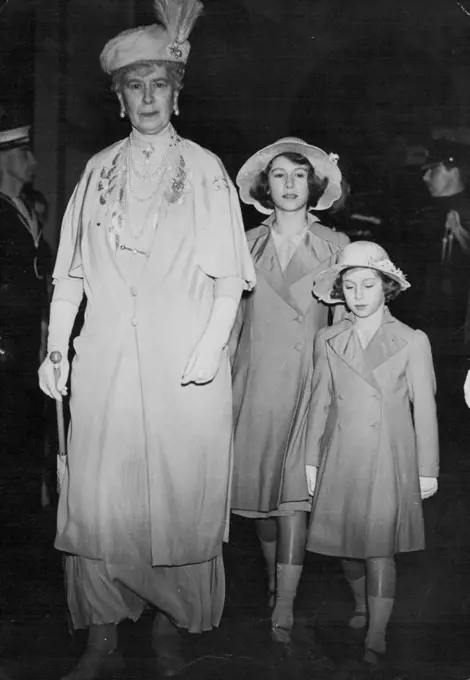 H.M. Queen Mary with Princess Elizabeth and Princess Margaret, attend the Royal Tournament At Olympia. H.M. Queen Mary arriving at the Tournament with the two Princess. May 22, 1939.