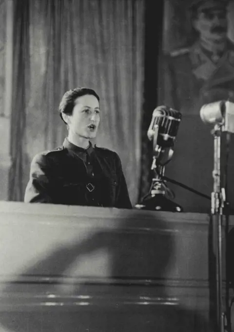 Fourth Soviet Women's Anti-Fascist Meeting -- The fourth Soviet Women's Anti-Fascist Meeting took place on August 20, 1944 at the Chaikovsky Concert Hall in Moscow. Above, Podporucik Anna Madalinska of the Polish Army addresses the meeting. September 3, 1951. (Photo by M. Ozersky).