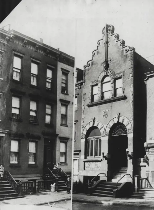 Two Scenes Of Life Of Al Smith : At the left is the house at 25 oliver St. New York City, where governor Alfred E. Smith lived until the last term as governor of New York State. At the right is the downtown Tammany Club where Governor Smith started his political career. This is in Madison St. near the Oliver St. Home. June 20, 1928. (Photo by International Newsreel Photo).