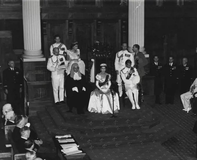 Scene inside Government House, Adelaide, today, when the Queen opened State Parliament. On the right is the President of the Legislative council, Sir Walter Duncan. March 23, 1954.