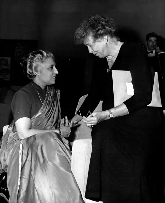 U.N. General Assembly Opens Fourth Session
Mrs. Vijaya Lakshmi Pandit, India’s Ambassador to the United States of America, left, is seen with Mrs. Eleanor Roosevelt, member of the American Delegation to the Assembly. September 20, 1949.  (Photo by United Nations Photo).