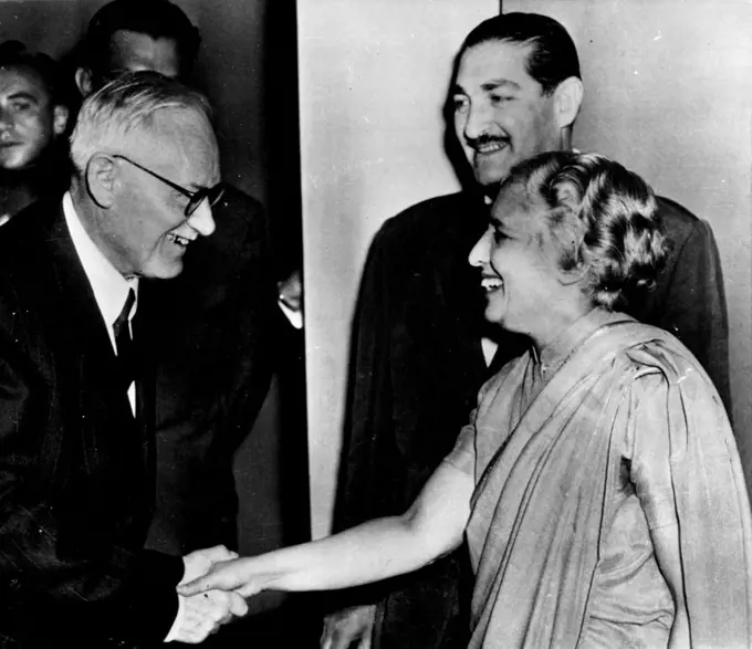 Vishinsky Congratulates Mrs. Pandit -- Russia's Andrei Vishinsky smilingly extends his best wishes to India's Mrs. Vijaya Lakshmi Pandit after the U. N. General Assembly names her as President to succeed Ganada's Leser B. Pearson yesterday. At the opening session of the Assembly, the group quickly voted down Russia's proposal for the immediate seating of Red China. 
Russian Congratulations. India's India s Mrs. Vijava Lakshmi Pandit gets smiling congratula­tions last week from Russia’s Andrei Vishinsky, after the UN General Assembly had chosen her as president, succeeding Canada’s Lester B. Pearson*

September 16, 1953. (Photo by AP Wirephoto).