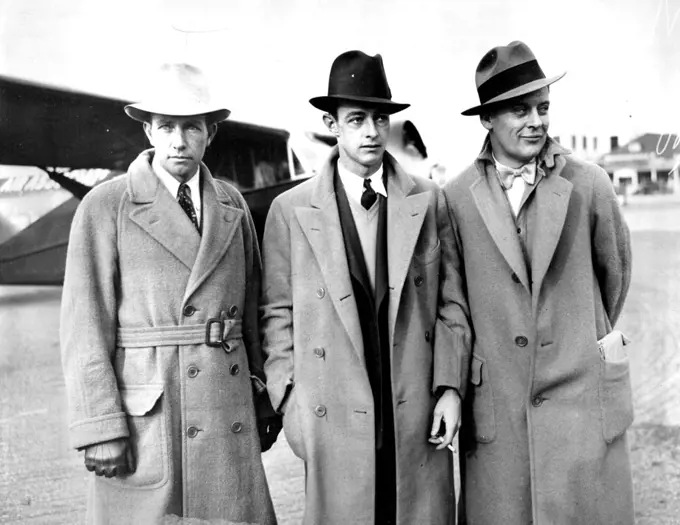 Just Before The Hop For San Juan
Clyde E. Pangborn, famous as a stunt flier, Hugh Herndon, Jr., social registerite and air Enthusiast and Captain Lewis A. Yancey, pictured here this morning just before they hopped off for San Juan, Porto Rico. The fliers intend this to be in the nature of a practise flight preliminary to their planner round-the-world flight. They are using a new Bellanca Monoplane. April 29, 1931. (Photo by International Newsreel Photo).