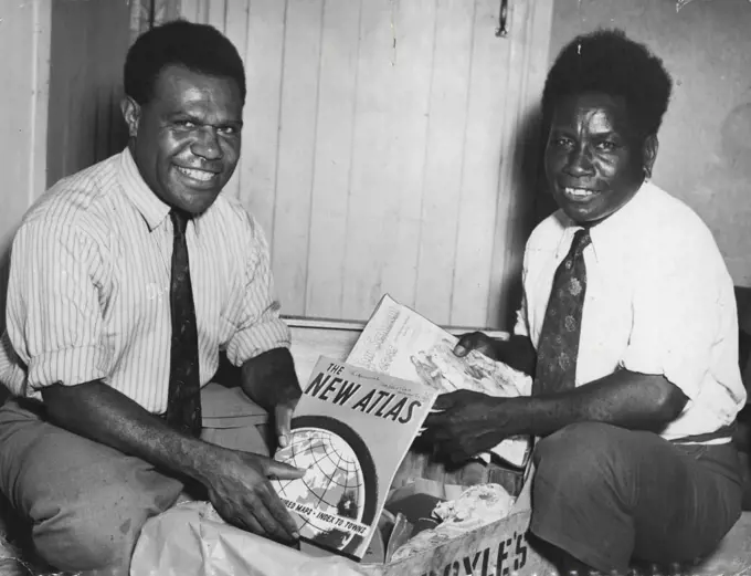 Mission Natives Raise £6000 -- Two Pacific Island natives, whose grandfathers were cannibals and headhunters, have raised £6000 in the lost three months for Seventh Day Adventist Missions in the Pacific.
John Masive, 26, from Bena Bena, New Guinea, is the first inland New Guinea native to come to Australia.
He teaches religion to the rest of his tribe, one of the most primitive in New Guinea.
Karese Manovaki, 46, Solomon Islander, is an ordained pastor. April 12, 1952.