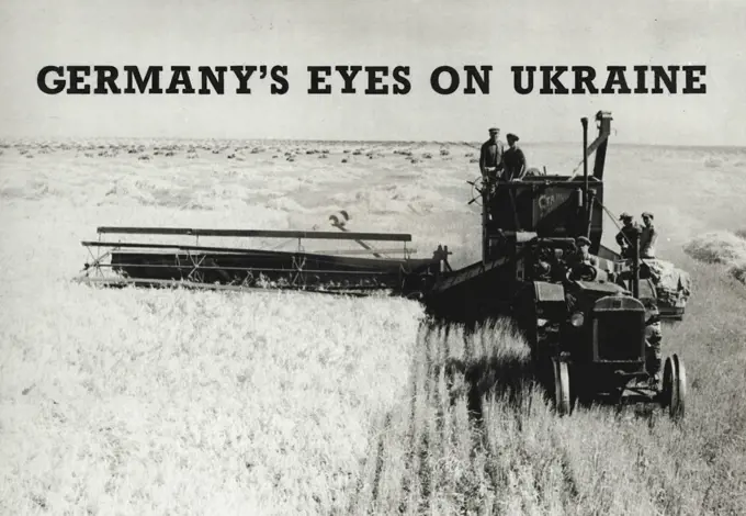 Germany's Eyes on Ukraine.
Harvesting winter-wheat with a "Stalinets" combine. This ***** the harvest was highly mechanized, and was carried out almost exclusively with combines. The collective farmers gathered 30.13 ***** of wheat from a hectare.
The splendid harvest gathered this year has raised the collective farms of the Soviet Union to a new phase of prosperous, cultured life. One of the numerous farms - the "Soyatel" (Sower) Collective Farm in the Azov - Black Sea Territory (R.S.F.S.R.). December 01, 1937.