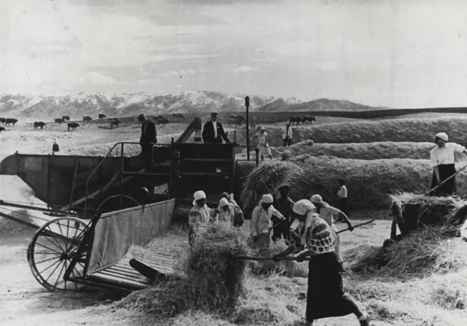 Soviet Kazakhstan -- Threshing Wheat Crops at the Stalin Collective Farm in the Taldy-Kurgan Region. - throughout Kazakhstan there are almost 7,000 collective farms and 363 machine and tractor stations. These stations lend out 24,000 tractors and 12,000 harvester combines as well as other agricultural machinery to the farms around. - much agriculture, however, is still carried on without much mechanical aid.
Russia must import grain. Collective farming is a failure. March 24, 1948. (Photo by Pictorial Press).