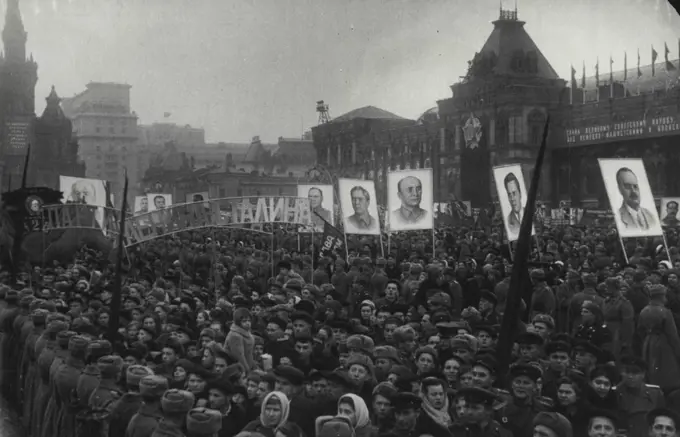 Demonstration In Moscow Nov.7, 1945. -- The mass demonstration on Red Square in Moscow Nov.7, 1945 in honor of the 28th Anniversary of the great October Socialist Revolution. October 20, 1950. (Photo by J. Khalip, SIB Photo Service).