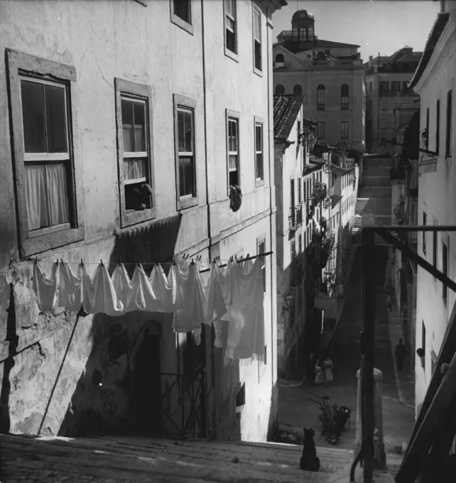 Lisbon 1952 -- Old picturesque streets are full of drying clothe and dark alley cats. February 27, 1952. (Photo by Sequiera, Camera Press).