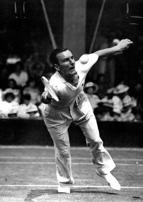 All England Lawn Tennis Chmapionships At Wilmbledon.
F.J. Perry (Holder of the championship) in play against R. ***** Czechoslovakia) in his match which ***** on 9-7; 6-1; 6-1. This brings Perry ***** the semi-final of the Men's Single Championship.
Perry is plays Von Cramm in the final. July 22, 1935. (Photo by The Times).