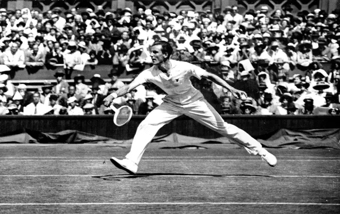 ***** Wins Tennis Championship At Wimbledon ***** Englishman To Win For 25 Years.
F.J. Perry photographed in action during his final match against Jack Crawfors the Australia whom he beat in three straight sets thus gaining the Championship of the world for England for the first time for 25 years. July 06, 1934. (Photo by Keystone).
