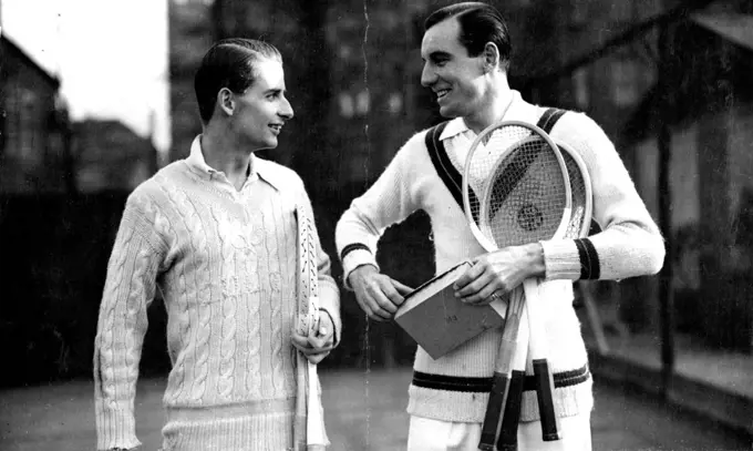 Perry and Austen Start Training.
Perry and Austen photographed at the Welbury Club this afternoon.
F.J. Perry and "Bunny" Austen started practise for the coming tennis season this afternoon, at the Welbury club, Kennington. March 18, 1936. (Photo by Keystone).